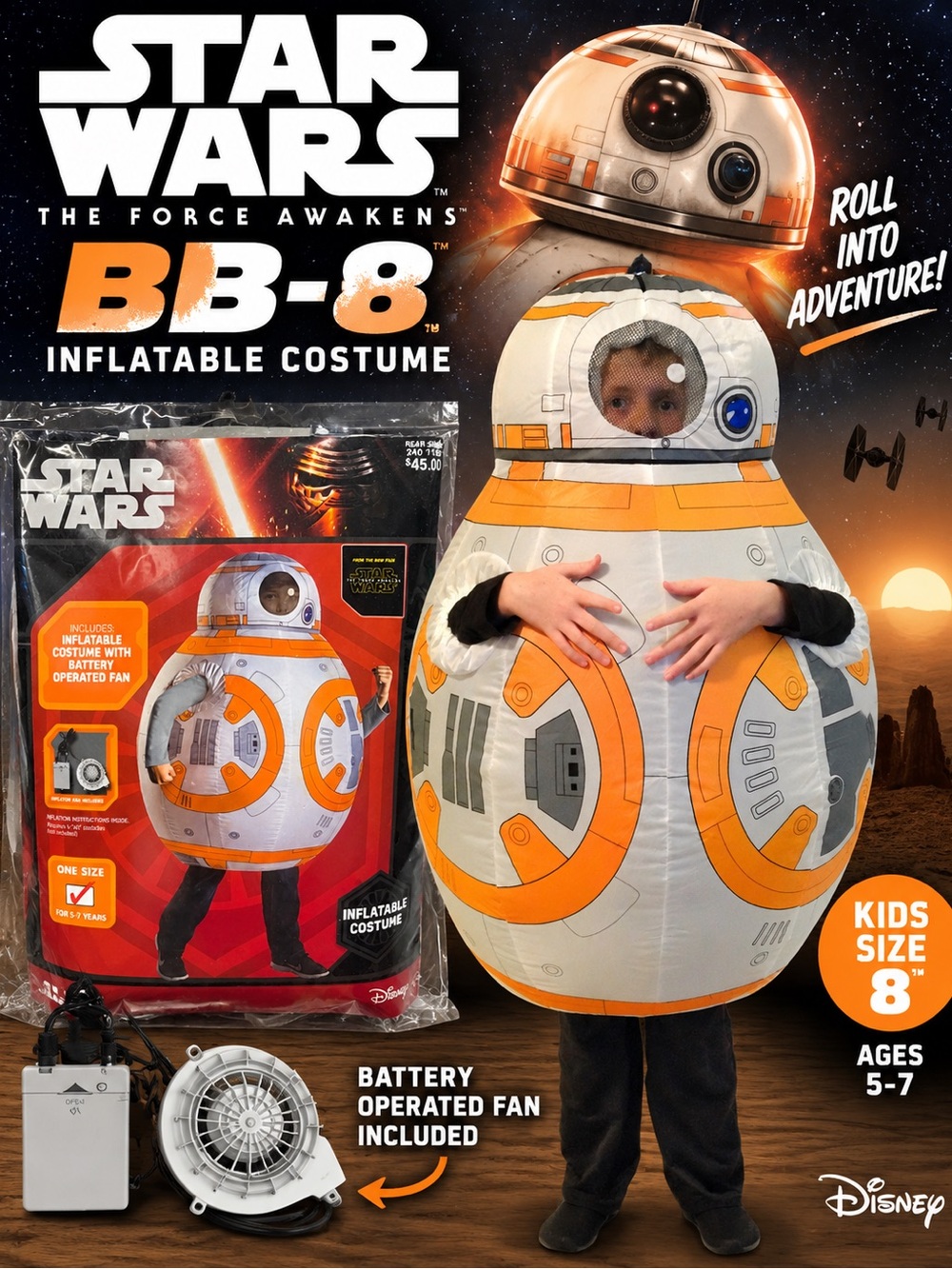 Star Wars The Force Awakens BB-8 Inflatable Costume Kids Size 8